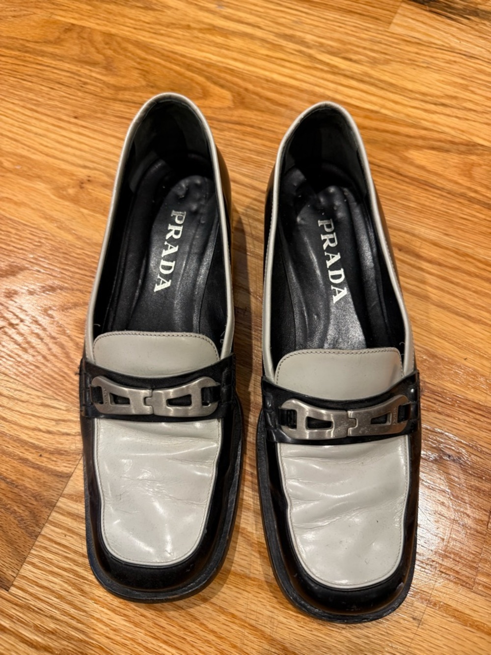 Vintage Prada Two-Tone Black and White Leather Loafers